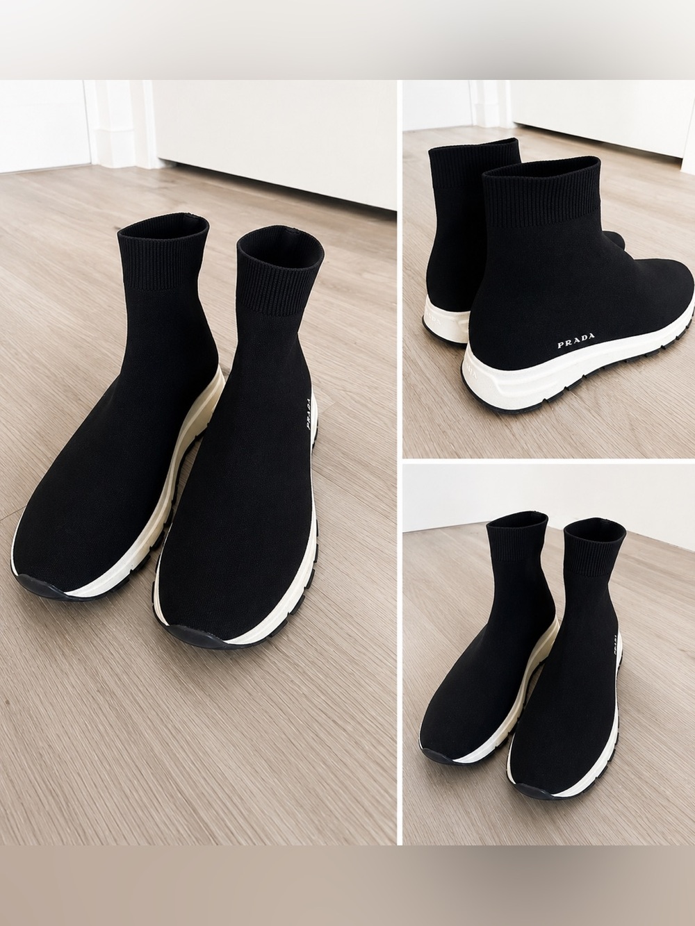Prada Black Knit Sock Sneakers with White Sole